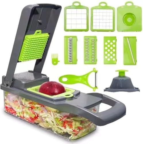 Vegetable Chopper: 16 in 1 Food Chopper - Onion Vegetable Slicer Cutter Dicer, Veggie Cutter with Container, 7 Blades, Kitchen Gadgets for Carrot Salad Garlic Potato Slicer (Grey)