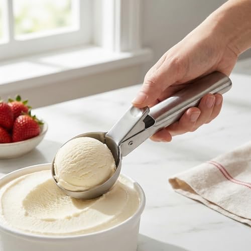 Ice Cream Scoop,Portable Stainless Steel Ice Cream Scoop with Trigger and Comfortable Handle,Dishwasher Safe,DIY Ice Cream,Gelato,Sorbet,Cake Batter (Golden)