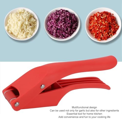 2 in 1 Garlic Mince and Garlic, Garlic Press, Garlic Mincer Tool with Ergonomic Handle Easy To Squeeze for Kitchen (Red)