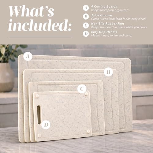 COOK WITH COLOR Non-Slip Cutting Board Set – Kitchen Essentials with Easy Grip Handle for Meat, Veggies, and Fruits, 4 Cutting Boards, Speckled White