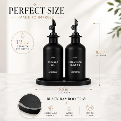 Olive Oil Dispenser for Kitchen, 2-Pack 12oz Black Glass Bottle with Labels