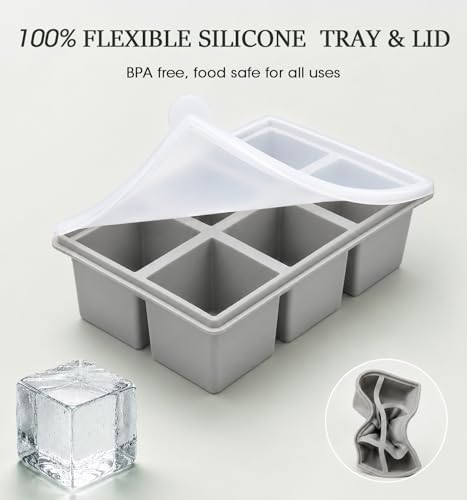 DOQAUS Silicone Ice Cube Tray, 2 Inch Large Square Ice Cube Mold with Lid, BPA Free Flexible Ice Tray for Whiskey, Cocktails, Freezer, Easy Release