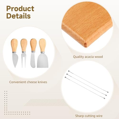 Cheese Slicer with Board, Wood Cheese Cutter Set with Adjustable Tension