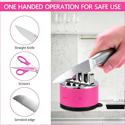 VIRO Compact Suction Kitchen Chef Knife Scissors Sharpener for Straight & Serrated Knives, 4-Stage Knife Sharpening Tool Helps Repair and Restore Blades, Rose Pink