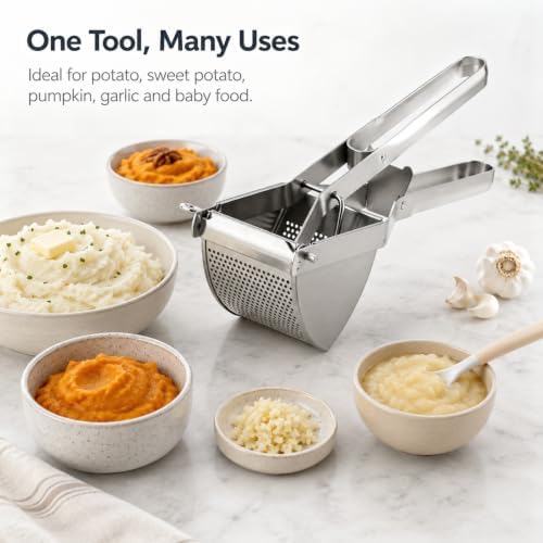 Potato Ricer, Stainless Steel Potato Masher, Heavy Duty Food Masher, Potatos Ricer Kitchen Tool for Mashed Potatos Avocado Pumpkin Baby Food Puree, Large Capacity, Dishwasher Safe