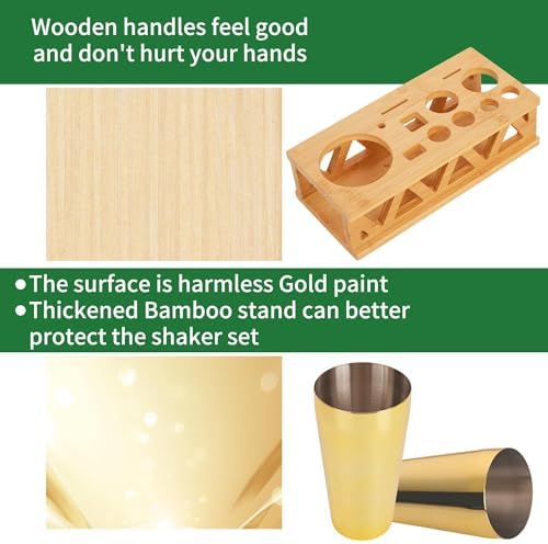 Cocktail Shaker Set, Boston Shaker Bartender Kit with Bamboo Stand,13 Piece Bar Set Stainless Steel Bar Accessories for Drink Mixing, Bar, Home, Party (Gold)