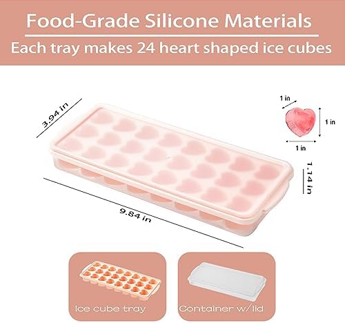 2 Pack Heart-Shaped Ice Cube Trays with lid and bin - 48 Holes Silicone Mini Heart Ice Cube Tray, BPA Free and Dishwasher Safe, Fun Shape Ice Cube Mold, Easy to Remove