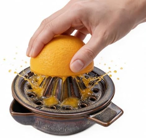 Lemon Orange Grapefruit Juicer Manual Squeezer Ceramic Hand Juicer Reamer Rotation Press with Strainer＆ 5oz Bowl, Pour Spout, Handle, Dishwasher Safe, Easy to Clean,Caramel Brown