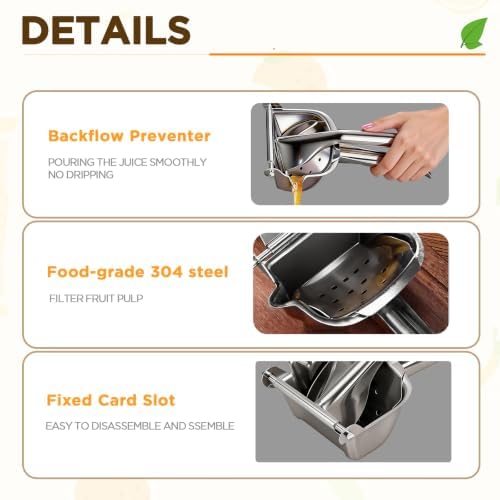 Fruit Juice Squeezer Manual Juicer – 304 Stainless Steel Hand Juicer Citrus Press with Metal Filter filter bag, Easy to Use & Clean, Non-Slip Ergonomic Grip, for Lemon, Orange & Citrus
