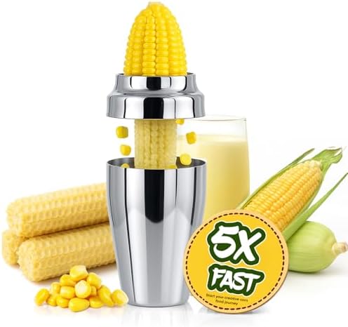 YYP Corn Cutter Peeler, Corn Cob Stripper with Cup [No Splatters or Mess], 304 Stainless Steel Corn on the Cob Remover Kitchen Tool, Corn Kernel Shucker Separator Slicer with Serrated Sharp Blade
