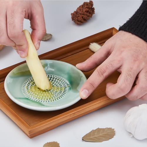 BIINONE All-in-One Ceramic Garlic Grater Plate 4-Piece Set - For Garlic, Ginger, Chocolate and Frozen Fruit-Comes with Peeler Brush and Stand
