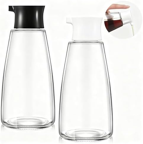 2 Pcs Glass Soy Sauce Dispenser Bottles, 9.6 oz Oil Cruet, Black, White