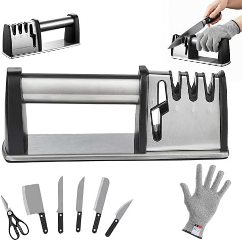 4-in-1 Manual Knife & Scissor Sharpener — 4-Stage Sharpening System with Cut-Resistant Glove | Restores Dull Blades Fast | Non-Slip Base | Silver | Large, 1 Pc