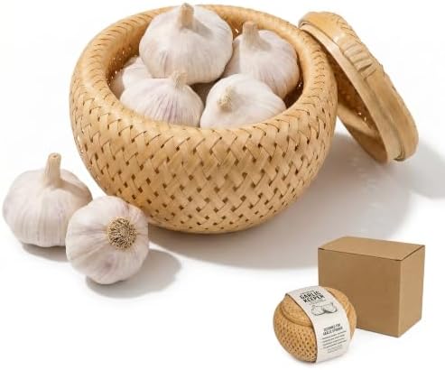 Garlic Keeper with Lid for Counter, Handwoven Bamboo Storage Container