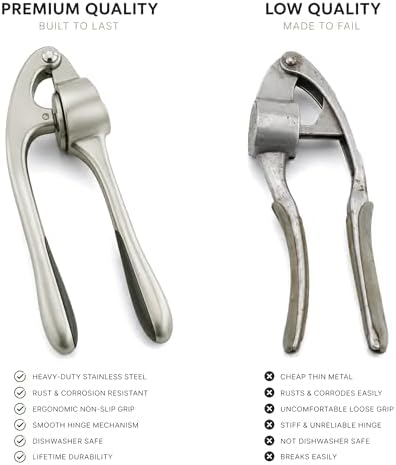Heavy Duty Garlic Press with Zinc Alloy Handle & Stainless Steel Chamber, 61 Holes Garlic Mincer & Crusher, No Peeling Required, Includes Silicone Garlic Peeler & Cleaning Brush, Silver