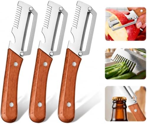 2026 Upgrade 3Pcs 3-in-1 Vegetable Peeler/Bottle Opener/Julienne Cutter | Thickened Stainless Steel Blade,Premium Wooden Handles for Potato/Carrot/Cucumber | Ideal for Kitchen Cooking & Camping