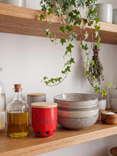 Ceramic Garlic Saver Container with Wood Lid (Red)