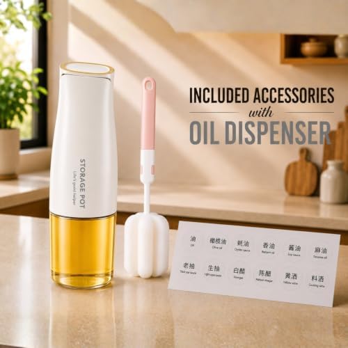 DIYORA 17oz Oil Dispenser Bottle with Automatic Flip Lid, Leakproof Glass Olive Oil Bottle with Spout, Perfect for Kitchen, Drip-Free Pourer for Vinegar, Soy Sauce(White)