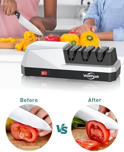 3-Stage Electric Knife Sharpener for 18/20-Degree Knifes, Diamond Abrasive Sharpening for Straight Edge Chef Knives, Ceramic Hone for Chef Knives, Serrated Knives Polishing (SILVER, 3-Stage)