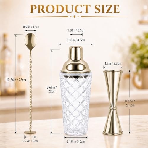 16 Oz Glass Cocktail Shaker Set with Built-in Strainer Crystal Cocktail Shaker with Gold Stainless Steel Lid, Bar Spoon Double Jigger, Drink Shaker for Martini, Margarita Mixed Drinks Home Bar Barware