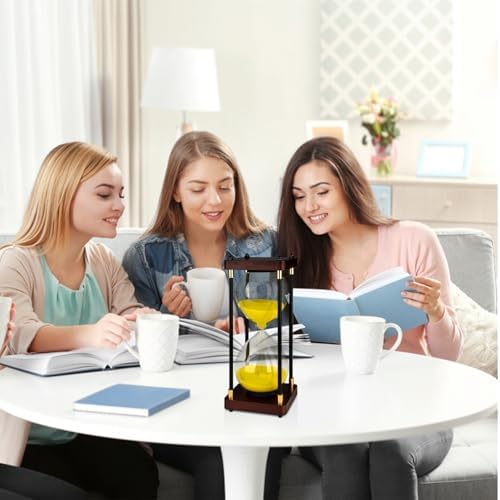 Large Sand Hourglass Timer, Vintage Wooden Sand Timer 60 Minutes, Glass Sand Clock Minutes with Wooden End Caps, Sand Timers for Games Classroom Home Office Kitchen Use (Yellow Sand)