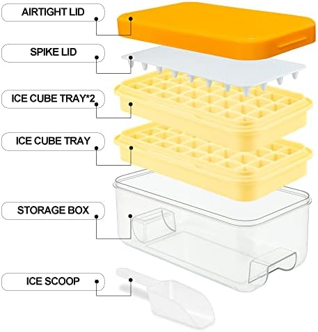 Ice Cube Tray, Press Type Ice Cube Maker, Ice Cube Trays with Lid and Storage, Yellow Ice Cube Moulds, 64 Pcs Ice Cubes, Easy Press to Release Ice, BPA Free, with Cover 2 Trays 1 Ice Bucket & Scoop