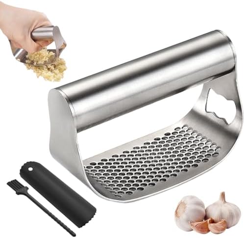 Garlic Press Garlic Presser Stainless Steel,2025 Upgraded Garlic Press Mincer Garlic Crusher with Peeler and Cleaning Brush,Multifunctional Kitchen Gadget Garlic Mincer for Women (B/1PC)