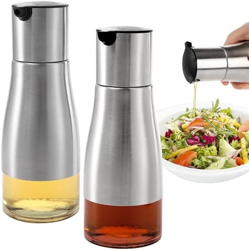 Tebery 2 Pack Silver Olive Oil and Vinegar Dispenser Set, 10OZ Oil Dispenser Cruet with Easy & Drip Free Pouring, Elegant Stainless Steel with Glass Bottom