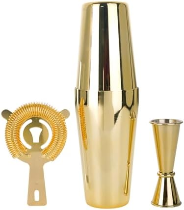 JNWINOG Cocktail Shaker Set 4-Piece Boston Shaker Kit with 20oz/25oz Shaker,Strainerand 0.5/1oz Double JiggerBar Set for Home Drink Mixer Bartendiing (Gold, 20oz/25oz)