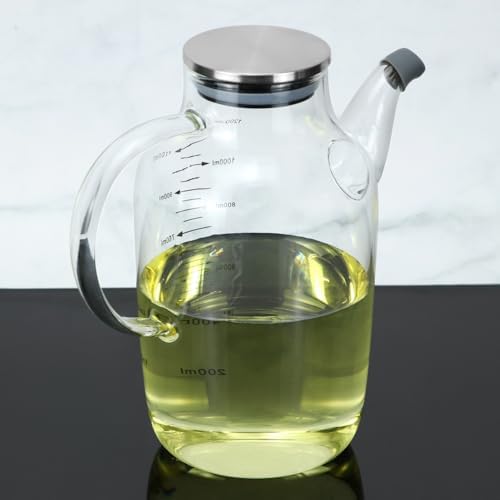 QWORK 1200ML/40Oz Large Glass Cooking Oil Bottle with Stainless Steel Lid, Oil & Vinegar Dispenser Bottle for Olive Oil, Vinegar, Soy Sauce, Kitchen No Drip Liquid Container