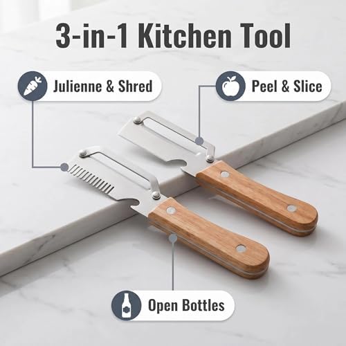 2pcs Premium Dual-Purpose Vegetable Peelers,peelers for kitchen, Stainless Steel Zero-Snag Blade with Slicer, Wooden Handle & Bottle Opener, Elite Kitchen Tools peeler