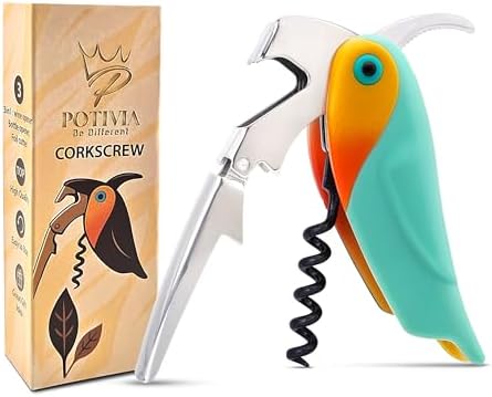 Wine Opener Waiter Corkscrew - Professional Wine Key for Servers & Bartenders with Foil Cutter - Manual Bottle Opener, Double Hinged Bird Shape 3-in-1 (Turquoise blue)