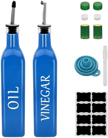 Olive Oil Dispenser Bottle,2 Pcs 17oz 500ml Glass O il and Vinegar Dispenser Set with 2 Stainless Steel Pourers, 8 Labels,Funnel Vinegar Bottles for Kitchen (Blue)