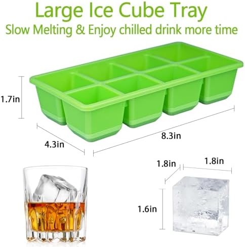 Large Ice Cube Trays 2 Pack, Silicone Easy-Release and Flexible Ice Cube Molds with Lids,1.8" Big Square Cubed Ice Trays for Whiskey and Cocktail, BPA Free and Dishwasher Safe (Green)