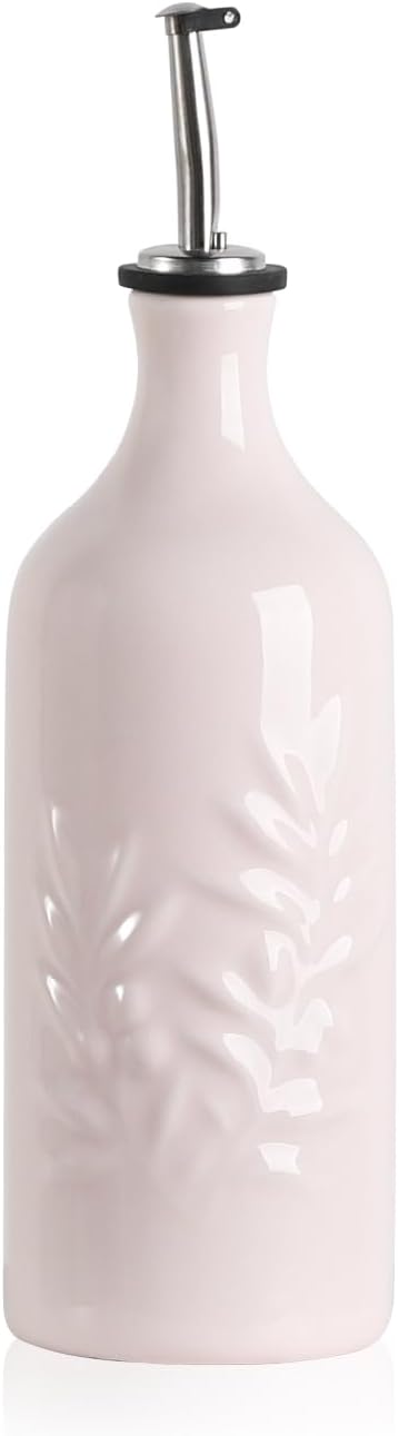 Sweejar Ceramic Olive Oil Dispenser Bottle, 20 Oz Relief Opaque Oil Cruet Protects To Reduce Oxidation, Suitable for Storage Vinegar, Soy Sauce,Liquids,Set of 1 (Rose Quartz)