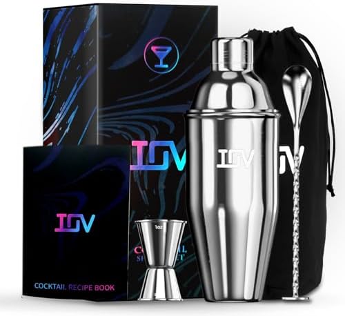 IOV Cocktail Shaker Bar Set, 24oz Martini Shaker with Built-in Strainer, Bar Tool Kit with Recipes Booklet, Professional Stainless Steel Large Bartender Drink Shaker Margarita Alcohol Mixer- Silver