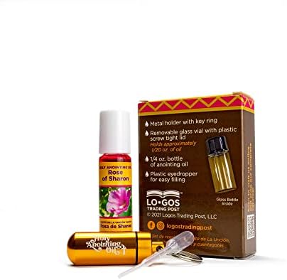Rose of Sharon Anointing Oil from Israel Boxed Gift Set with Dispenser, Holy Jerusalem Oil & Gold Metal Keychain Bottle Container, Plastic Dropper & Small Glass Vial, Aceite Ungido y Botella