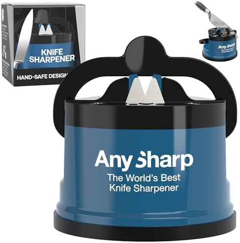 AnySharp – Editions – Hands Free Knife Sharpener - Easy to Use Sharpening Tool with PowerGrip Suction Base and 20-Degree Pre-Set Angle - for All Knives: Chef's, Serrated, and Hardened Steel - Blue