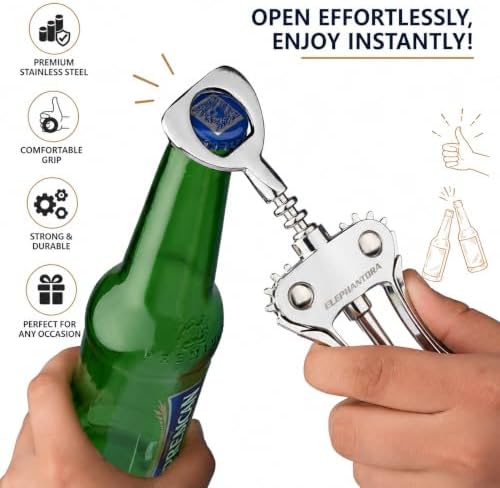 Wine Opener, Zinc Alloy Premium Wing Corkscrew with Multifunctional Bottles Opener, Sharp Wine Corkscrew with Ergonomic Non-Slip Wing Handle, Silver