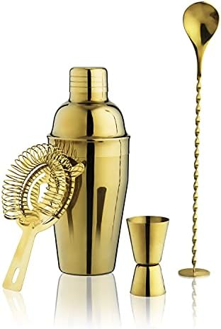 True 4-Piece Cocktail Shaker Set Includes Cobbler Shaker, Strainer, Jigger, Bar Spoon for Classic Cocktails, Mixed Drinks, Cold Brew, Home Bar Tools, Bartender Gifts, Bar Cart Accessories, Gold