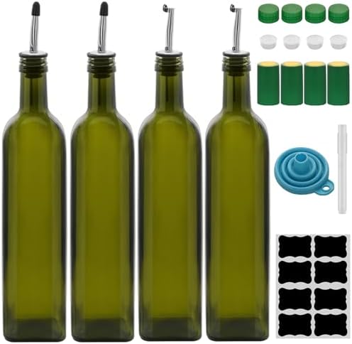 4Pcs 25 oz Olive Oil Dispenser Bottle,750 ml Glass Oil and Vinegar Dispenser Set with Pourers and Funnel ，Oil Bottles for Kitchen Large capacity oil bottles (Green 4pcs)