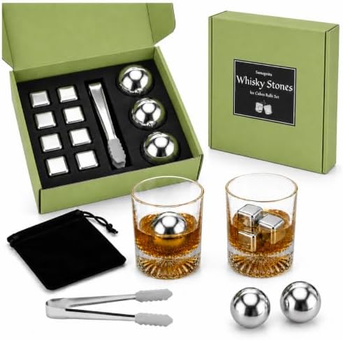 13-Piece Stainless Steel Whiskey Stones Set, 3 Cooling Balls and 8 Cooling Cubes with Tongs and Velvet Pouch