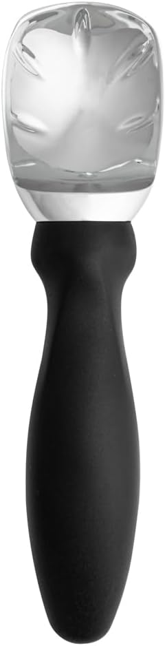 Restaurantware Comfy Grip 7.9 x 2 Inch Kitchen Ice Cream Scoop 1 Heavy-Duty Ice Cream Disher - Ergonomic PP Handle Dishwashable Black Metal Ice Cream Spade With Lid Opener Notch Multi-Use
