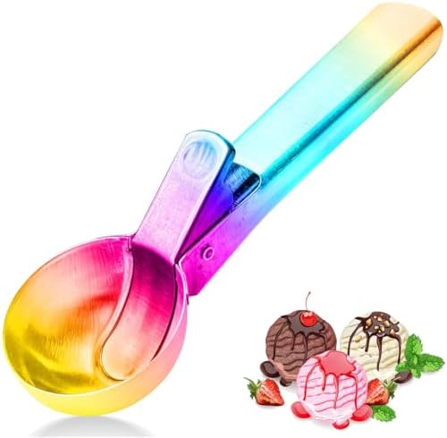 Ice Cream Scoop,Portable Stainless Steel Ice Cream Scoop with Trigger and Comfortable Handle,Icecream Scoop Spoon Perfect for DIY Ice Cream,Fruit,Cookie (Rainbow)