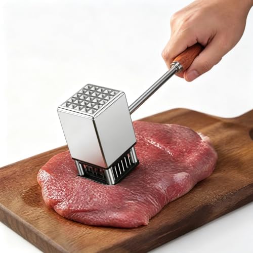 2-in-1 Stainless Steel Meat Tenderizer Hammer, Dual Sided Meat Mallet with Removable Needle Design, 0.66LB Heavy Duty Steak Pounder with Non-Slip Rosewood Handle for Beef Pork Chicken