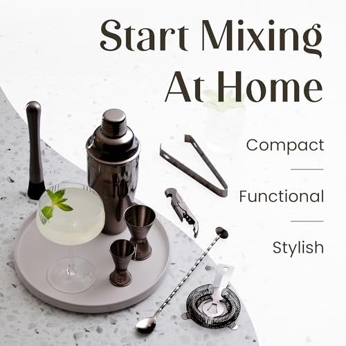 Mixology & Craft Rustic Cocktail Shaker Set – Includes Wood Stand, Complete Barware Kit with 24 Oz Shaker, Dual Jiggers, Pourers, Muddler, Strainer – Perfect for Home Bartenders (Gun-Metal Black)
