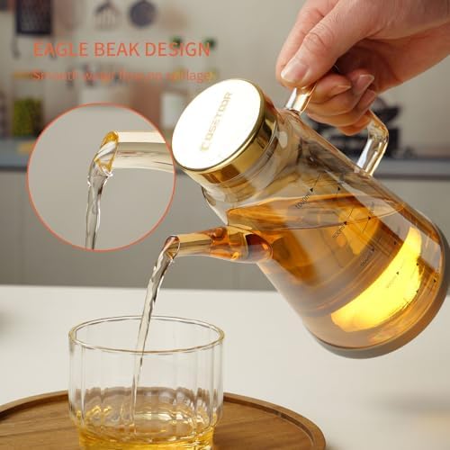 Glass Oil and Vinegar Dispenser with Stainless Steel Lid, No Drip Kitchen 20Oz Liquid Container, Large Cruet (Champagne, 600ml)