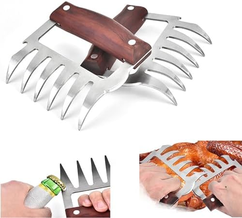 Meat Shredder Claws Set of 2 – Heavy Duty Stainless Steel with Wood Handle for Pulled Pork, Chicken & Brisket, BBQ Bear Claws with Cutting Edge & Bottle Opener – Dishwasher Safe, Ergonomic Grip