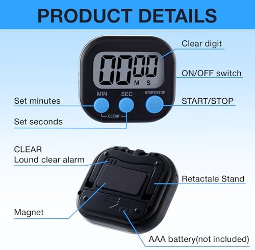 Leumoi 24 Pack Multi-Function Digital Timers with Magnetic Back, Large LCD Display, Loud Alarm, Count up & Countdown, Memory Function for Cooking, Classroom, Study, Exercise & Work(Black and Blue)