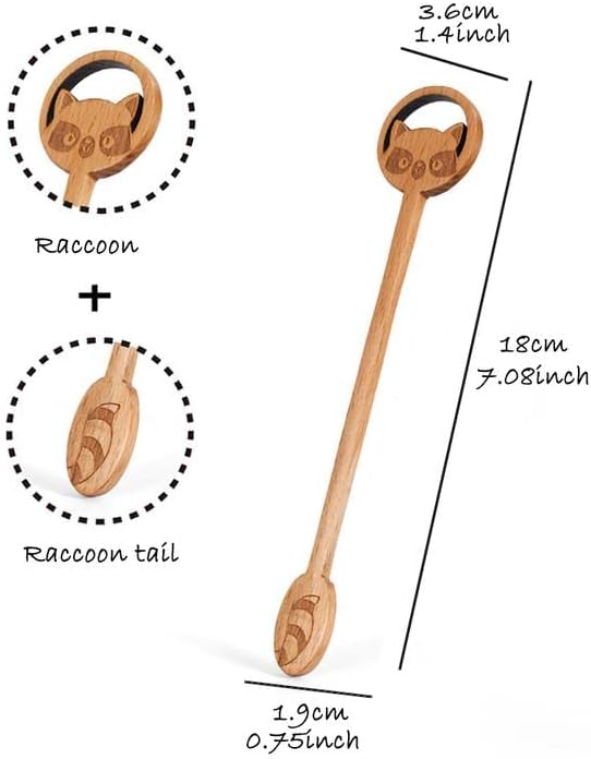 6 Pack Stirring Spoons Food Tasting Spoon Seasoning Spoon Wood Long Handle Kitchen Spoon Cooking Utensil (Raccoon Design)